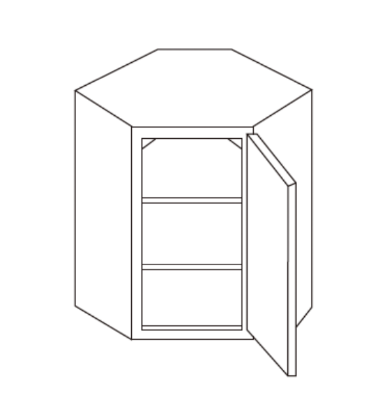 Line drawing of a corner cabinet with an open door and three shelves inside.